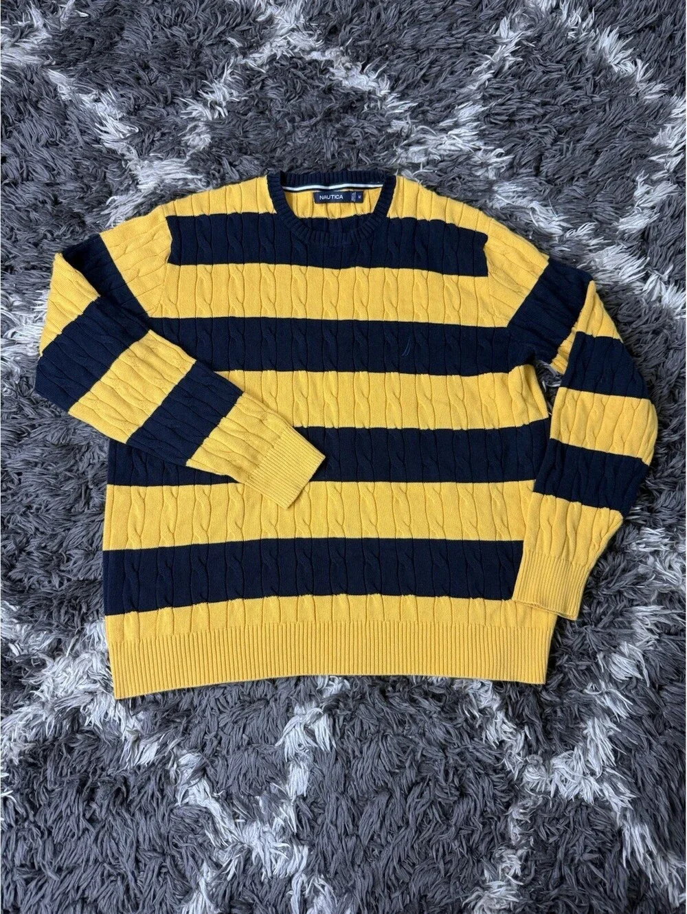Nautica Men Medium Cable Knit Sweater Yellow Blue Striped Medium Crewneck